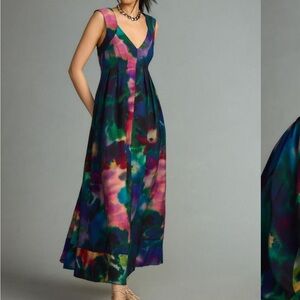 Printed V-Neck Pleated A-Line Dress Watercolor Floral